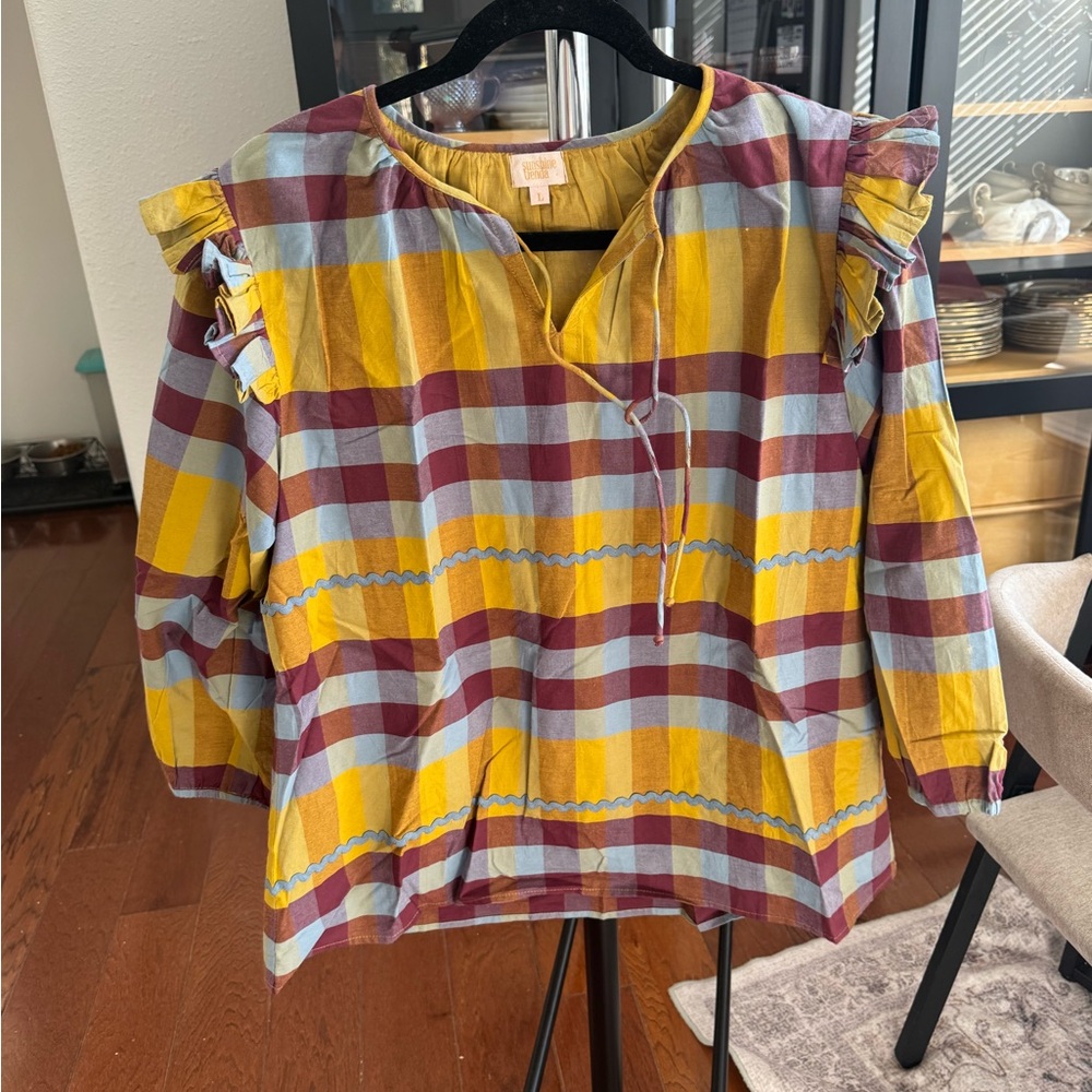 Plaid Ruffle Sleeve Blouse